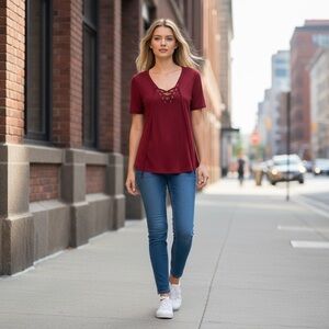 Red SEXY Lace Up Caged Deep Low V-Neck Shirt
New